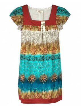 Aryeh Anthropologie Dress Boho Print Squre Neck Short Sleeves Women Size Medium